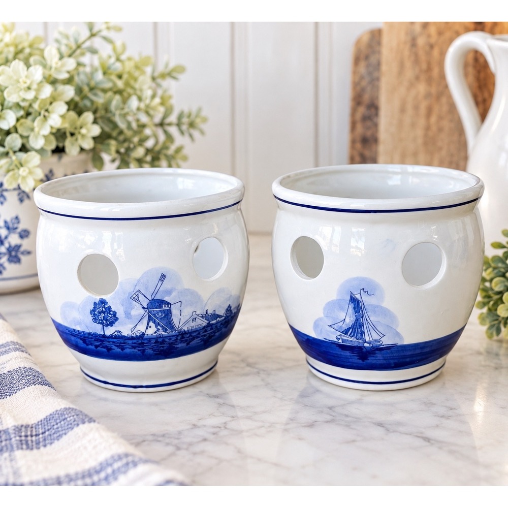 Vintage Delft Blue White Dutch Crocus Bulb Planters Pair Windmill Sailboat